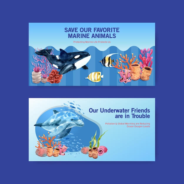 Diseño de plantilla de twitter para el concepto del día mundial de los océanos con animales marinos, orcas, delfines y corales vector de acuarela