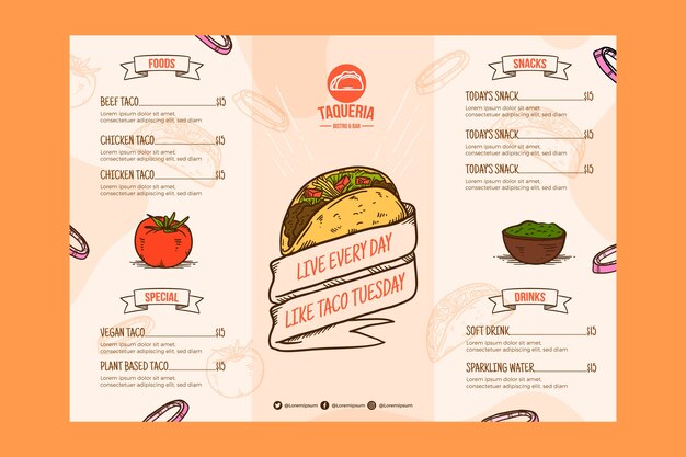 Diseño de plantillas de menú de taquería dibujadas a mano