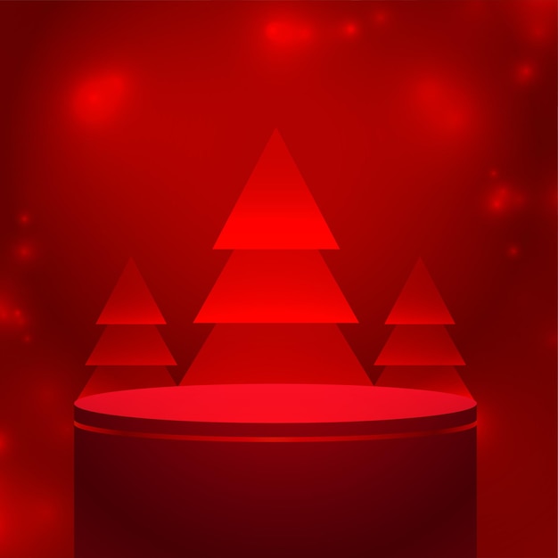 Diseño de podio 3d con árbol de navidad sobre fondo rojo para feliz navidad
