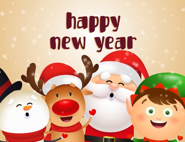 Diseño de postal de año nuevo con personajes navideños