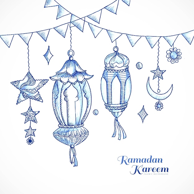 Vector gratuito diseño de ramadan kareem con linterna decorativa y fondo de tarjeta de boceto islámico