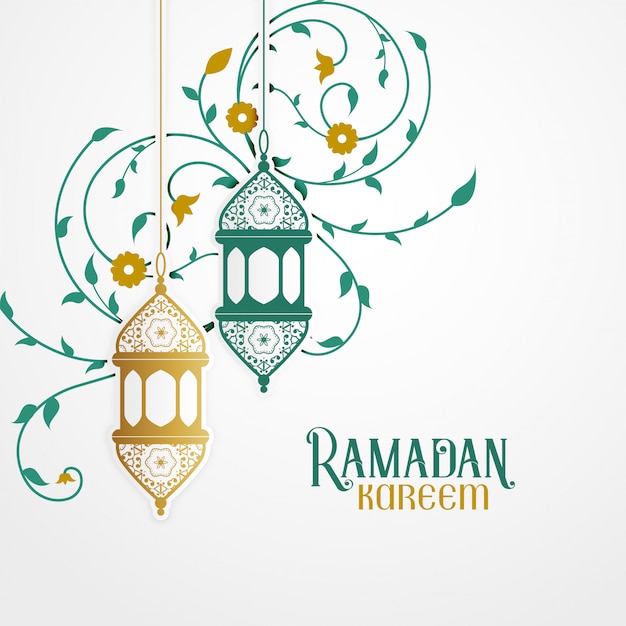 Diseño Ramdan Kareem con linterna decorativa y decoración floral islámica.