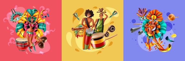 Vector gratuito diseño realista con músicos y bailarines disfrazados del carnaval de brasil.