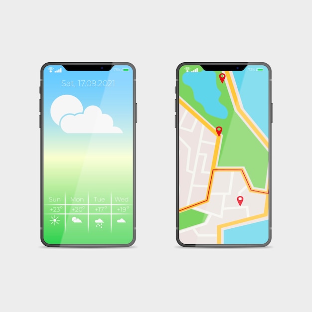 Vector gratuito diseño realista para el nuevo modelo de teléfono inteligente con aplicación de mapas.