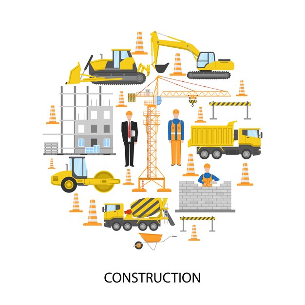 Diseño redondo de construcción con equipo de construcción de personal masculino sistema de barrera de ladrillo