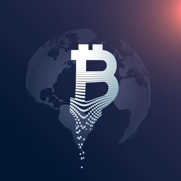 diseño de símbolo creativo bitcoin digital con fondo de mapa mundial