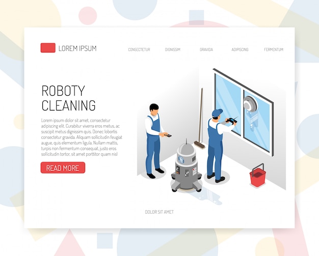 Diseño de sitio web isométrico de concepto de servicio de limpieza de aspiradoras robóticas de nueva generación con ilustración de vector de dispositivo de lavado de ventanas de navegación