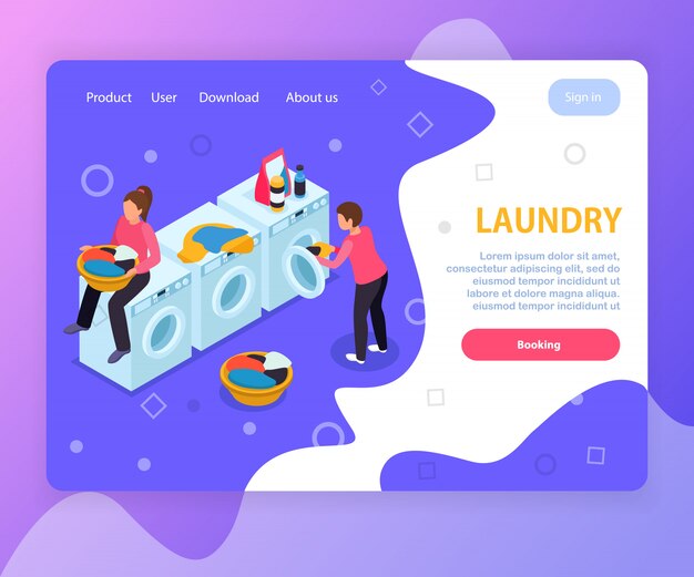Diseño de sitio web de página de aterrizaje isométrica de lavandería con lavadoras, texto editable y enlaces en los que se puede hacer clic