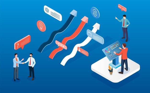 Diseño de sitio web de página de inicio de negocios y finanzas con personas planas Empresario analizando grandes datos Utilice un sistema de almacenamiento de base de datos para diagramas de estadísticas de gestión de ventas e informes de rendimiento