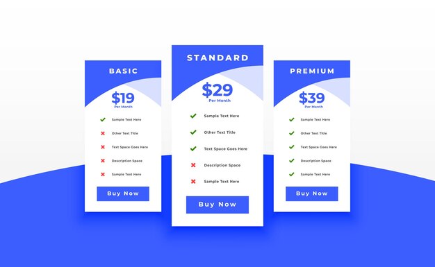 diseño de tabla de gráfico de precios simple para la suscripción al sitio web