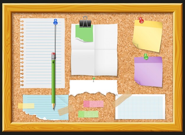 Diseño de tablero de corcho y papeles de nota