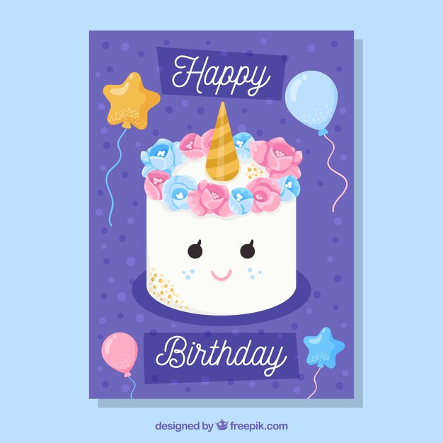 Diseño de tarjeta de cumpleaños con tarta sonriendo