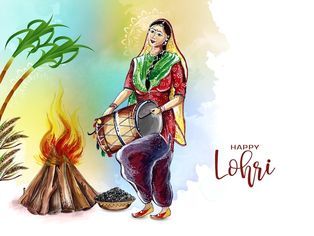 Diseño de tarjeta de felicitación de celebración del festival indio happy lohri