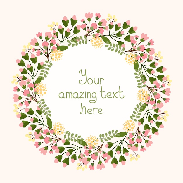 Diseño de tarjeta de felicitación con una corona floral circular de delicadas flores rosadas frescas y flor que rodea un cartucho central con copyspace para una invitación, boda o cumpleaños, ilustración vectorial