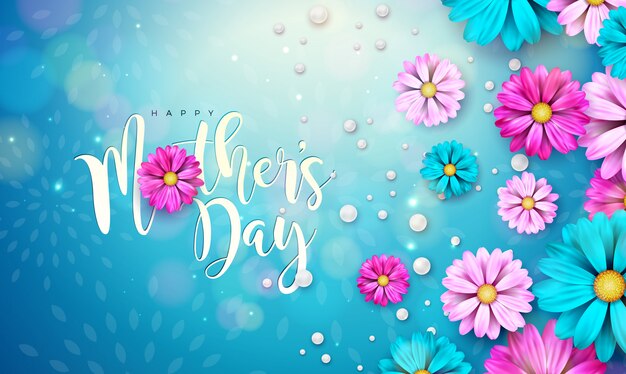 Diseño de tarjeta de felicitación del día de la madre feliz con flor y letra de tipografía sobre fondo azul. Plantilla de ilustración de celebración para pancarta, folleto, invitación, folleto, cartel.