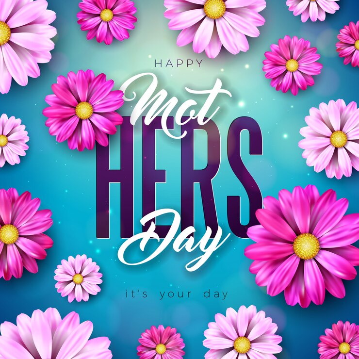 Vector gratuito diseño de tarjeta de felicitación del día de la madre feliz con flor y letra de tipografía sobre fondo azul. plantilla de ilustración de celebración para pancarta, folleto, invitación, folleto, cartel.