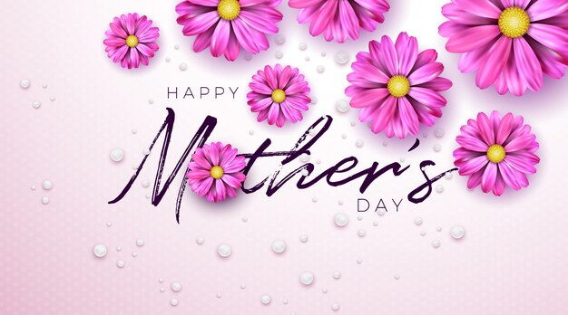 Diseño de tarjeta de felicitación del día de la madre feliz con flor y letra de tipografía sobre fondo rosa.