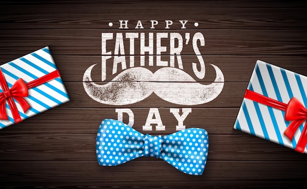 Diseño de tarjeta de felicitación del día del padre feliz con pajarita punteada, bigote y caja de regalo sobre fondo de madera vintage. Ilustración de celebración para papá.