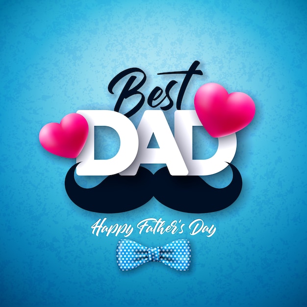 Vector gratuito diseño de tarjeta de felicitación del día del padre feliz con pajarita punteada, bigote y corazón rojo sobre fondo azul. ilustración de celebración para papá.