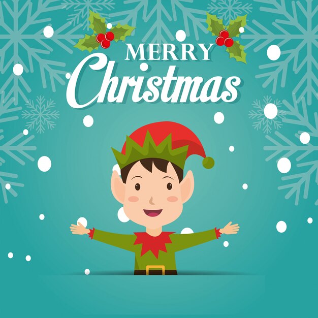 Diseño de tarjeta de felicitación de dibujos animados de feliz navidad con duende
