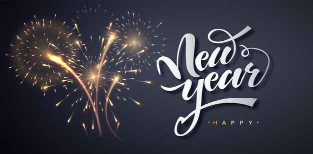 Diseño de tarjeta de felicitación de feliz año nuevo con fuegos artificiales festivos explosionson fondo oscuro. Ilustración de Vector de vacaciones. Banner de felicitaciones.