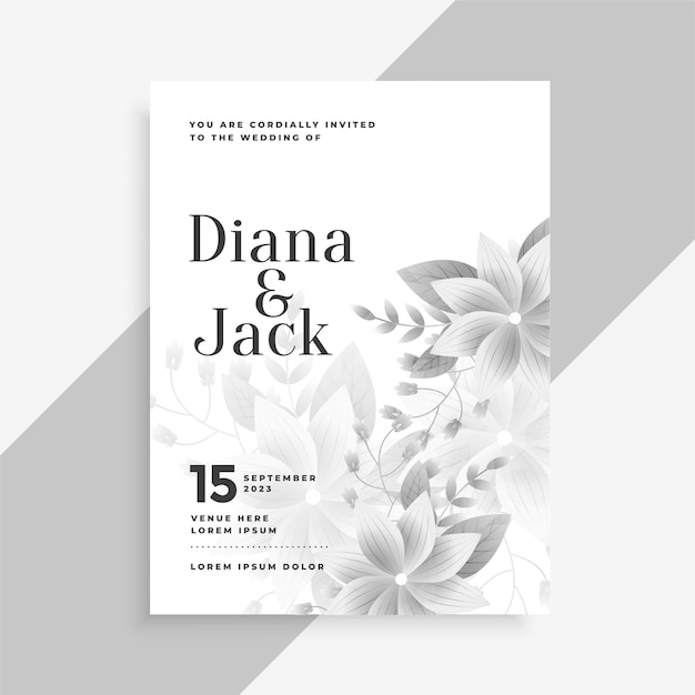 Diseño de tarjeta de flor de invitación de boda de tema blanco