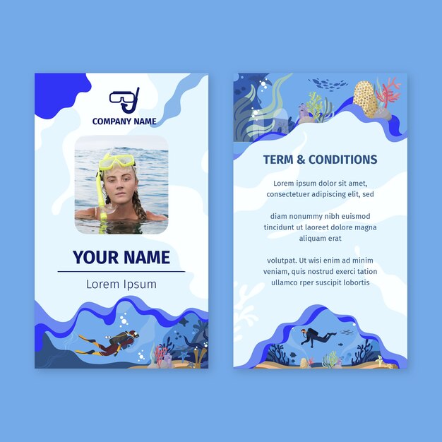 Diseño de tarjeta de identificación de buceo dibujado a mano