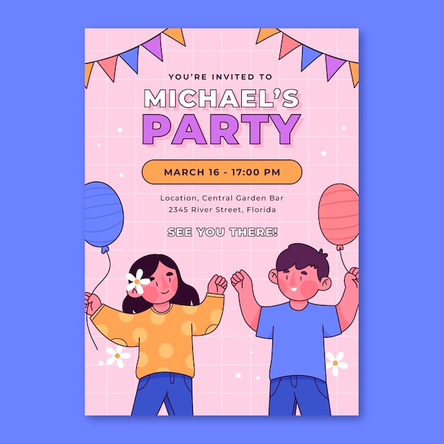 Diseño de tarjeta de invitación de fiesta infantil dibujada a mano.