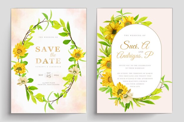 diseño de tarjeta de invitación de hojas verdes y girasol acuarela