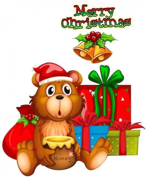 Vector gratuito diseño de tarjeta navideña con oso y regalos.