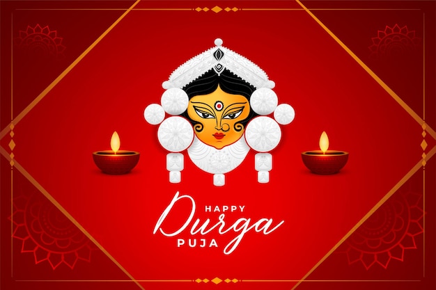 Diseño de tarjeta realista roja feliz durga pooja