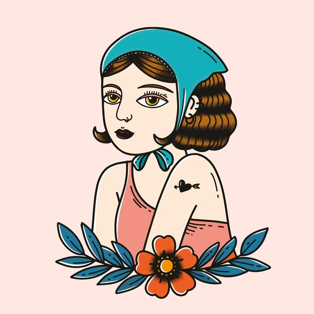 Diseño de tatuaje colorido retro chica con fondo pastel