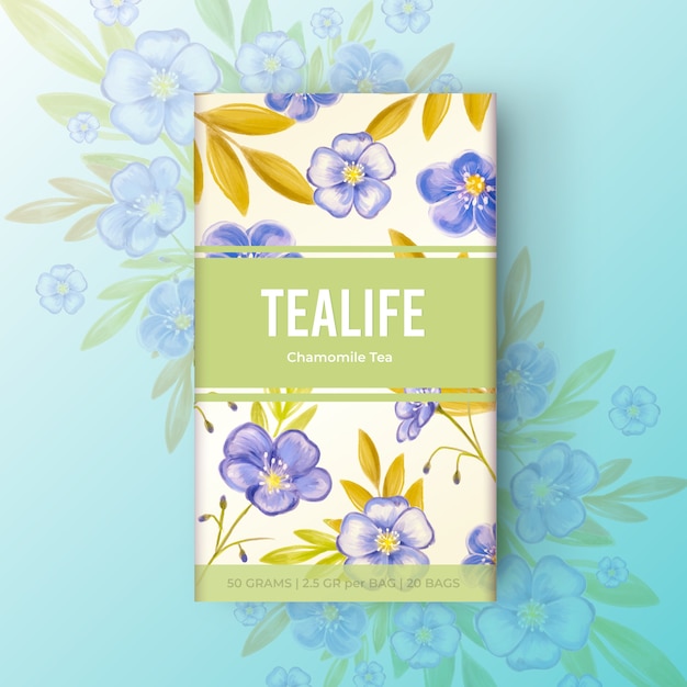 Diseño de té de acuarela con flores en tonos azules.