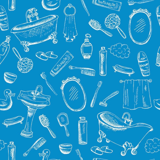 Vector gratuito diseño temático de baño sobre fondo azul con ilustraciones de toallas de bañera de pasta de dientes y más.