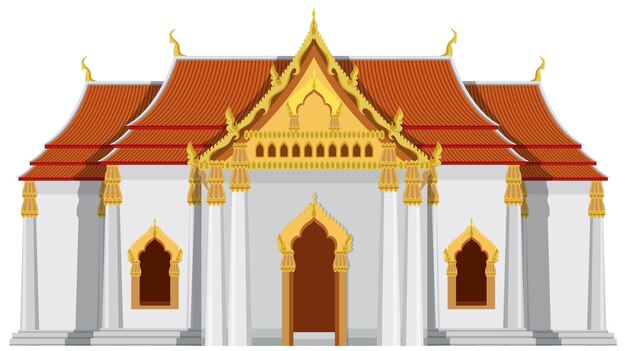 Diseño de templo tailandés con techo rojo y dorado.