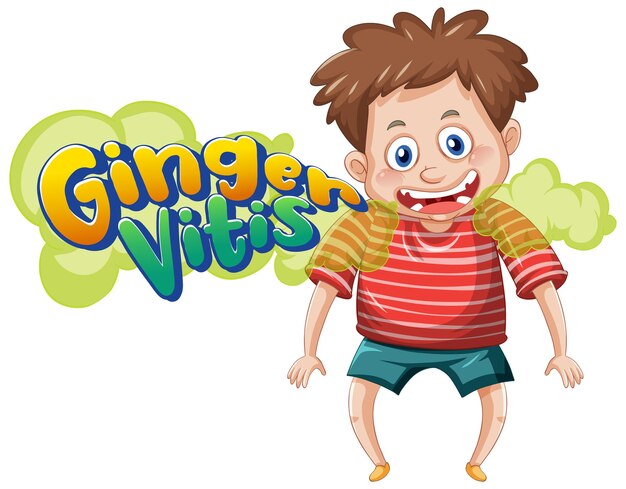 Diseño de texto del logotipo de Ginger Vitis con un personaje de dibujos animados de niño