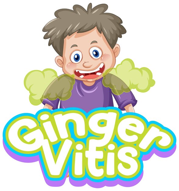 Diseño de texto del logotipo de Ginger Vitis con un personaje de dibujos animados de niño