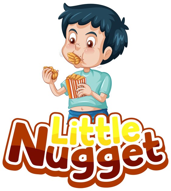 Diseño de texto del logotipo de little nugget con un niño comiendo nuggets de pollo