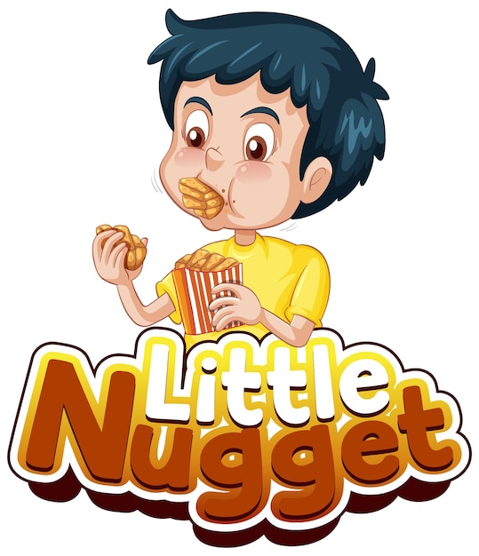 Vector gratuito diseño de texto del logotipo de little nugget con un niño comiendo nuggets de pollo