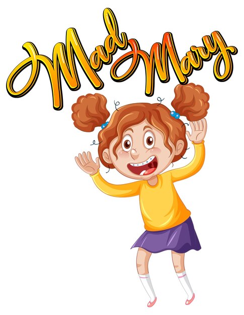 Diseño de texto del logotipo de Mad Mary con un personaje de dibujos animados de niña