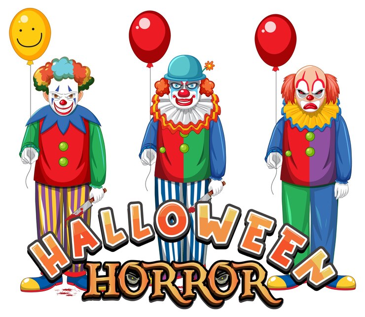 Vector gratuito diseño de texto de terror de halloween con payasos espeluznantes
