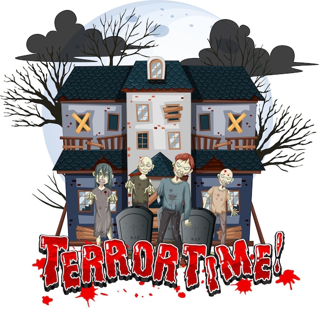 Vector gratuito diseño de texto terror time con haunted house