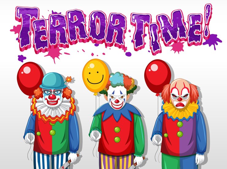 Vector gratuito diseño de texto terror time con payasos espeluznantes