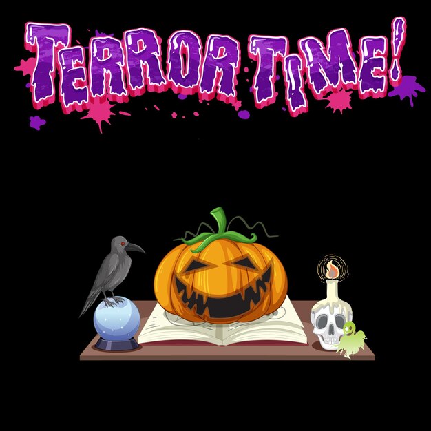 Diseño de texto de tiempo de terror con calabaza halloween