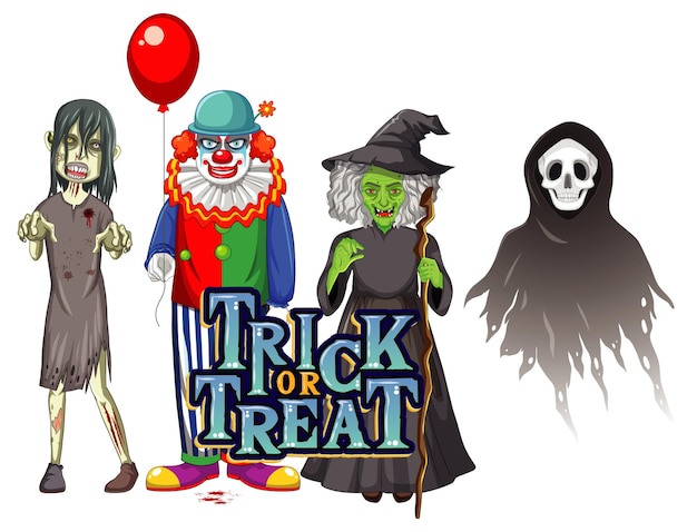 Vector gratuito diseño de texto de truco o trato con personajes fantasmas de halloween