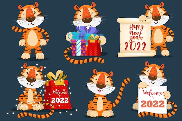 Diseño de tipografía del año del tigre 2022. elemento de mascota animal de cara de tigre. el tigre es elementos tradicionales y zodíaco chino. culturas asiáticas orientales. diseño de dibujos animados de ilustración vectorial