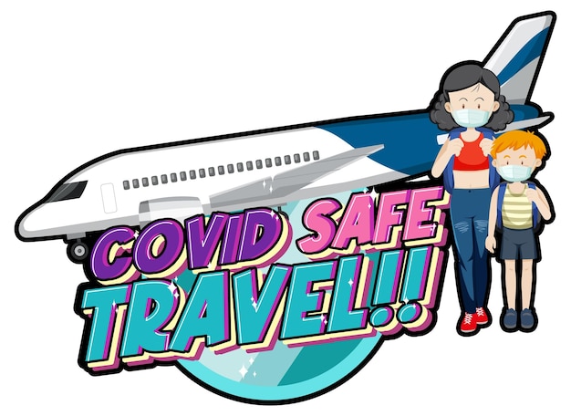 Diseño de tipografía covid safe travel con pasajeros y avión