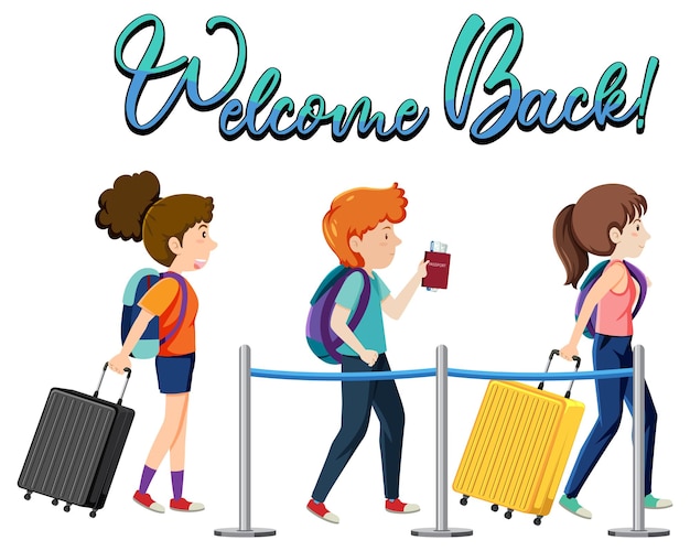Diseño de tipografía Welcome Back con pasajeros esperando en una cola