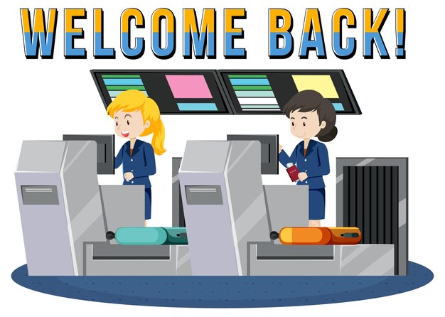 Diseño de tipografía Welcome Back con personal de servicio terrestre
