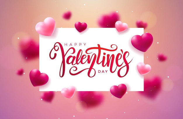 Diseño de vectorhappy valentines day con letra tipográfica y corazón colorido sobre fondo rosa claro
